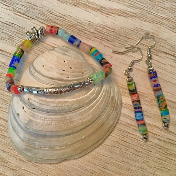 Millefiori Glass bead elephant stretch bracelet/earrings set - Picture 3 of 3